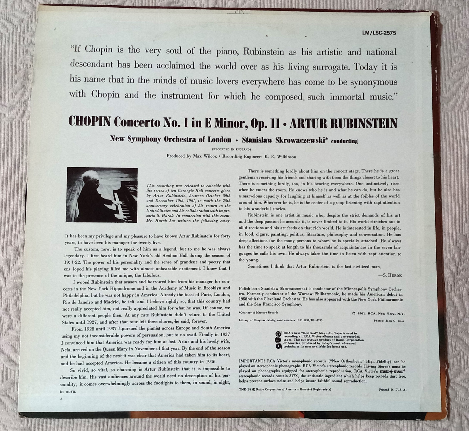 Arthur Rubinstein, Chopin Concerto No. 1 1961 RCA Victor LSC-2575 VG++