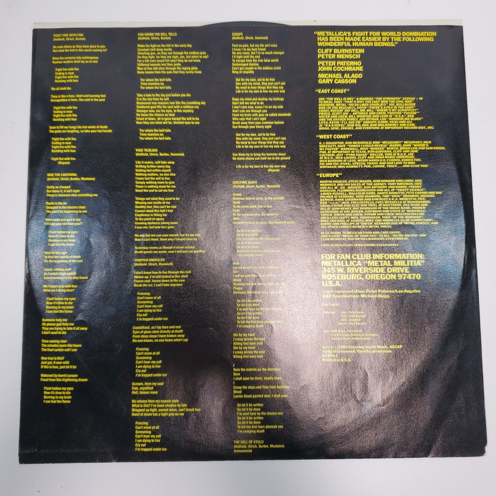 Metallica Ride The Lightning Vinyl LP w/Original Inner Sleeve Elektra 60396-1 VG
