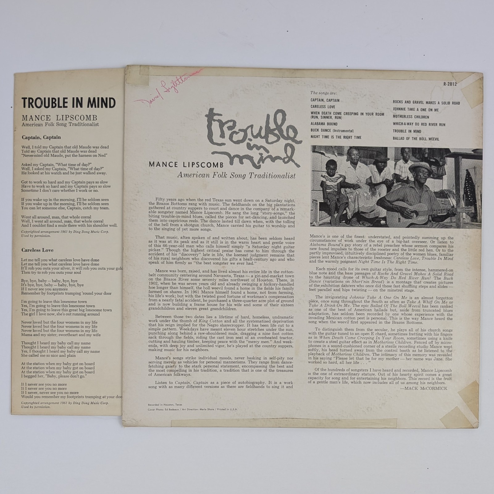 Mance Lipscomb – Trouble In Mind Mono 1st Press R-2012 Reprise 1961 Blues VG+/VG
