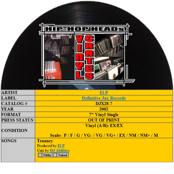 EL-P + DJ ABILITIES – TRUANCY (7″) 2002!!! RARE!!! FANTASTIC DAMAGE / DEF JUX