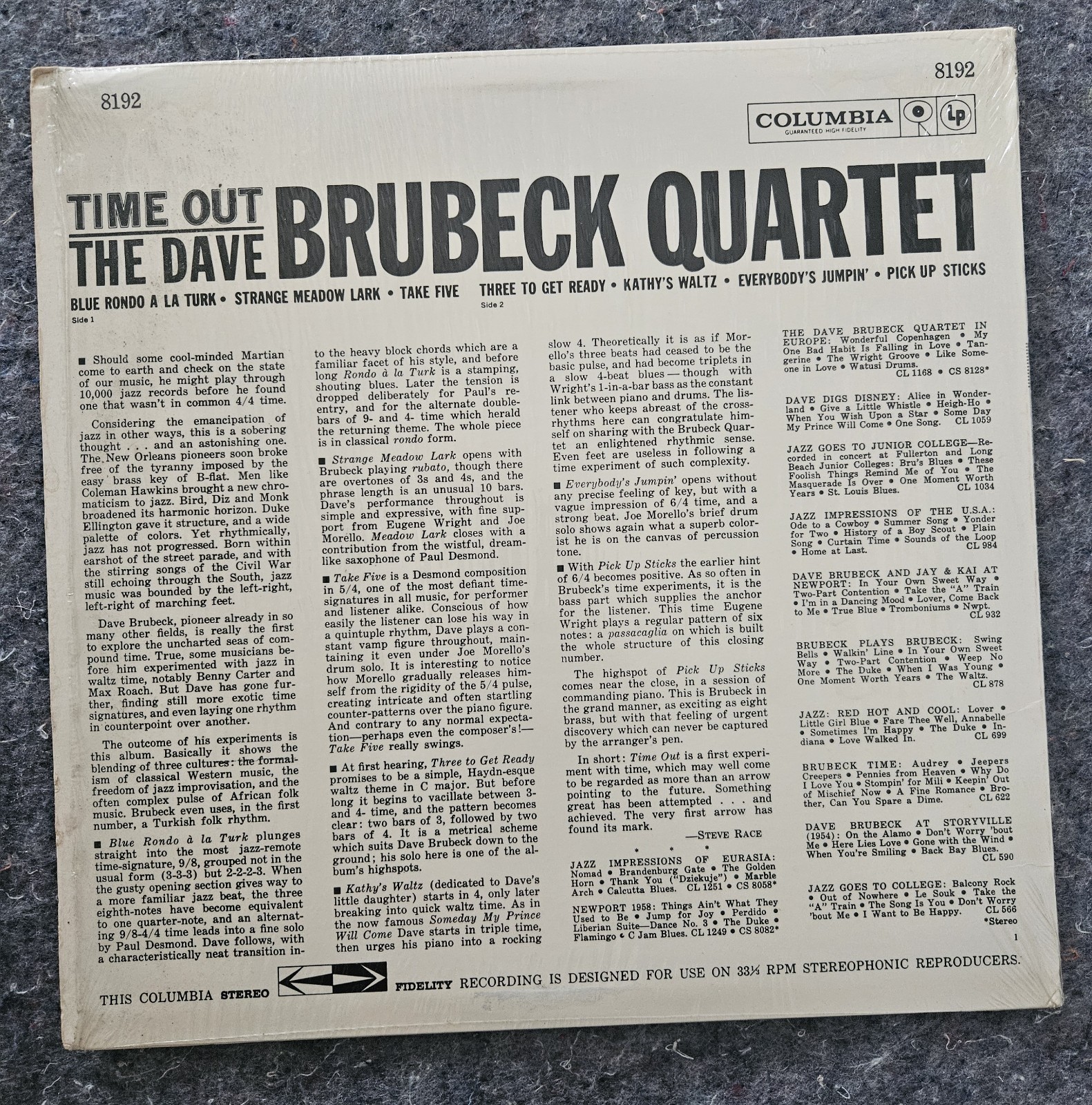 Dave Brubeck Quartet – Time Out – Cool Jazz-Post Bop Jazz Vinyl LP PS -8192 EX.