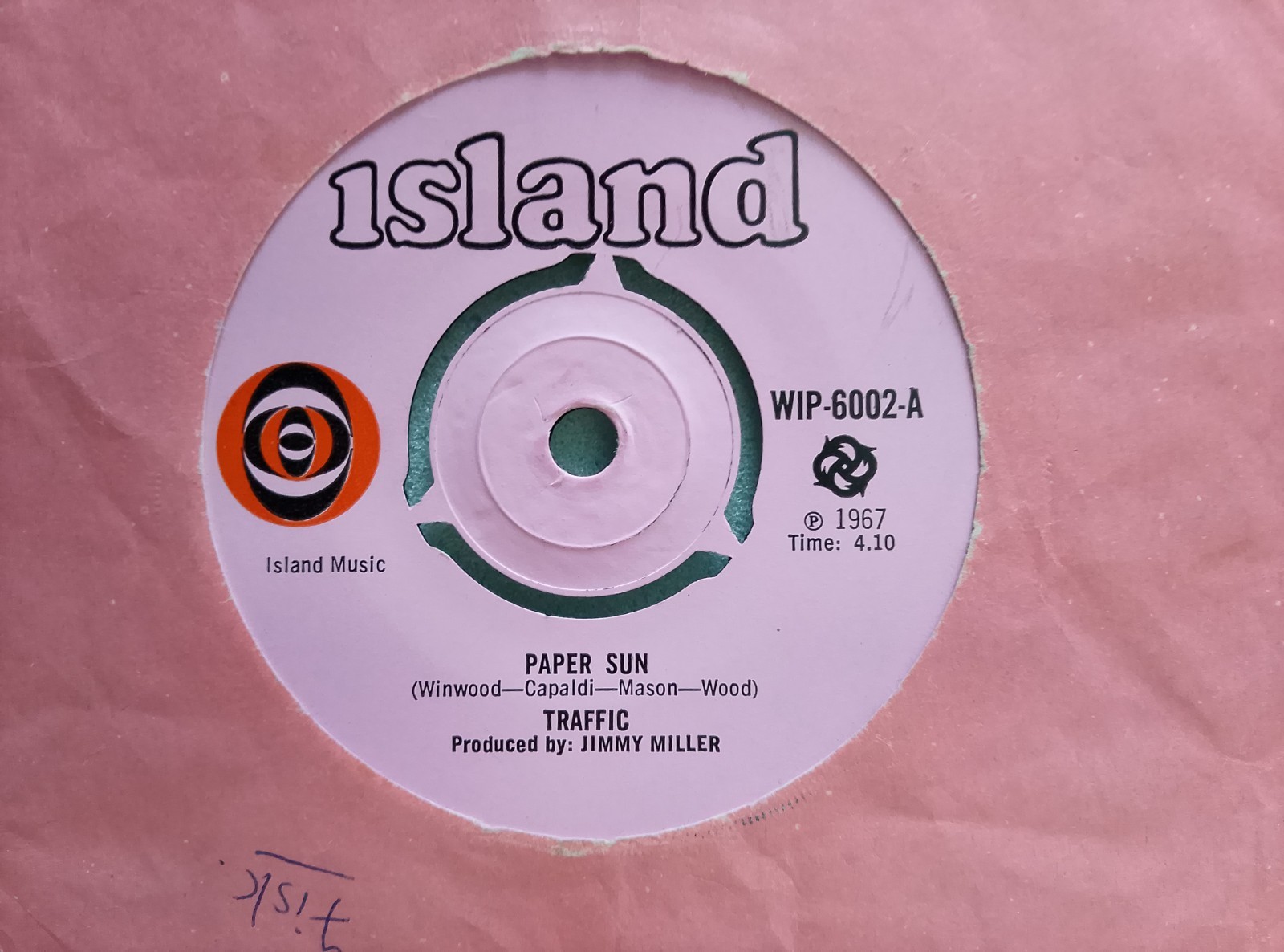 TRAFFIC : PAPER SUN (PINK ISLAND WIP-6002) UK 1967. EX
