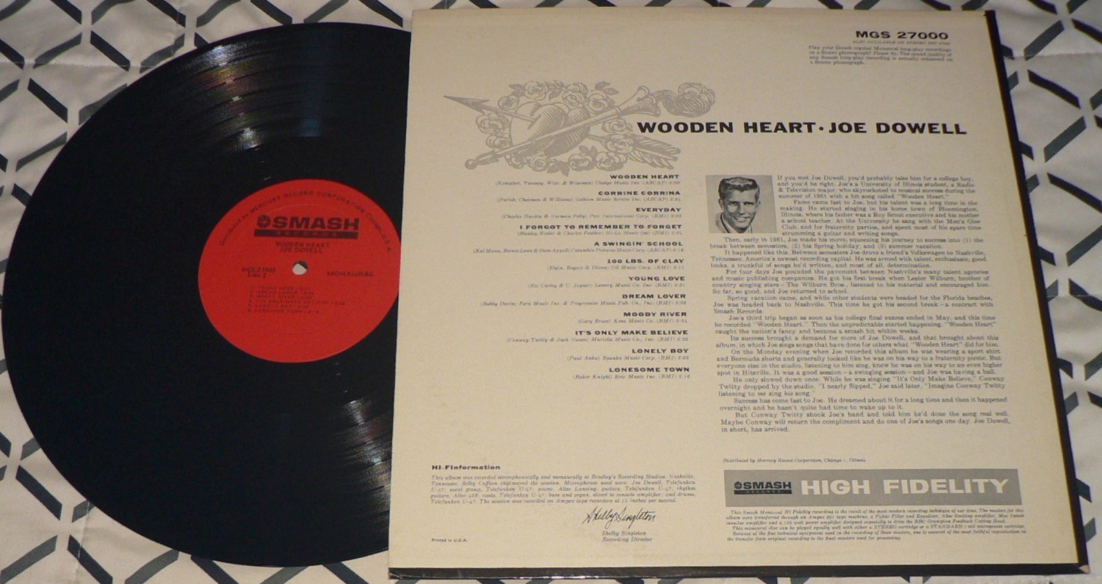 JOE DOWELL Wooden Heart 1961 Smash MGS-27000 1st Teen Pop Rock ’N Roll Vinyl LP