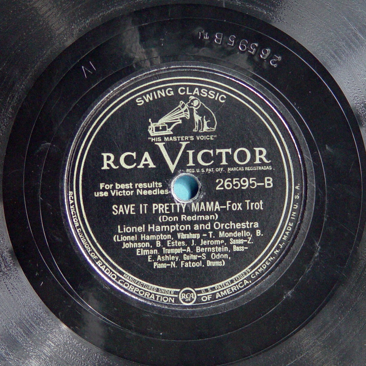 78 RPM 10″: RCA Victor 26595 Lionel Hampton Flying Home Save It Pretty Mama 1947