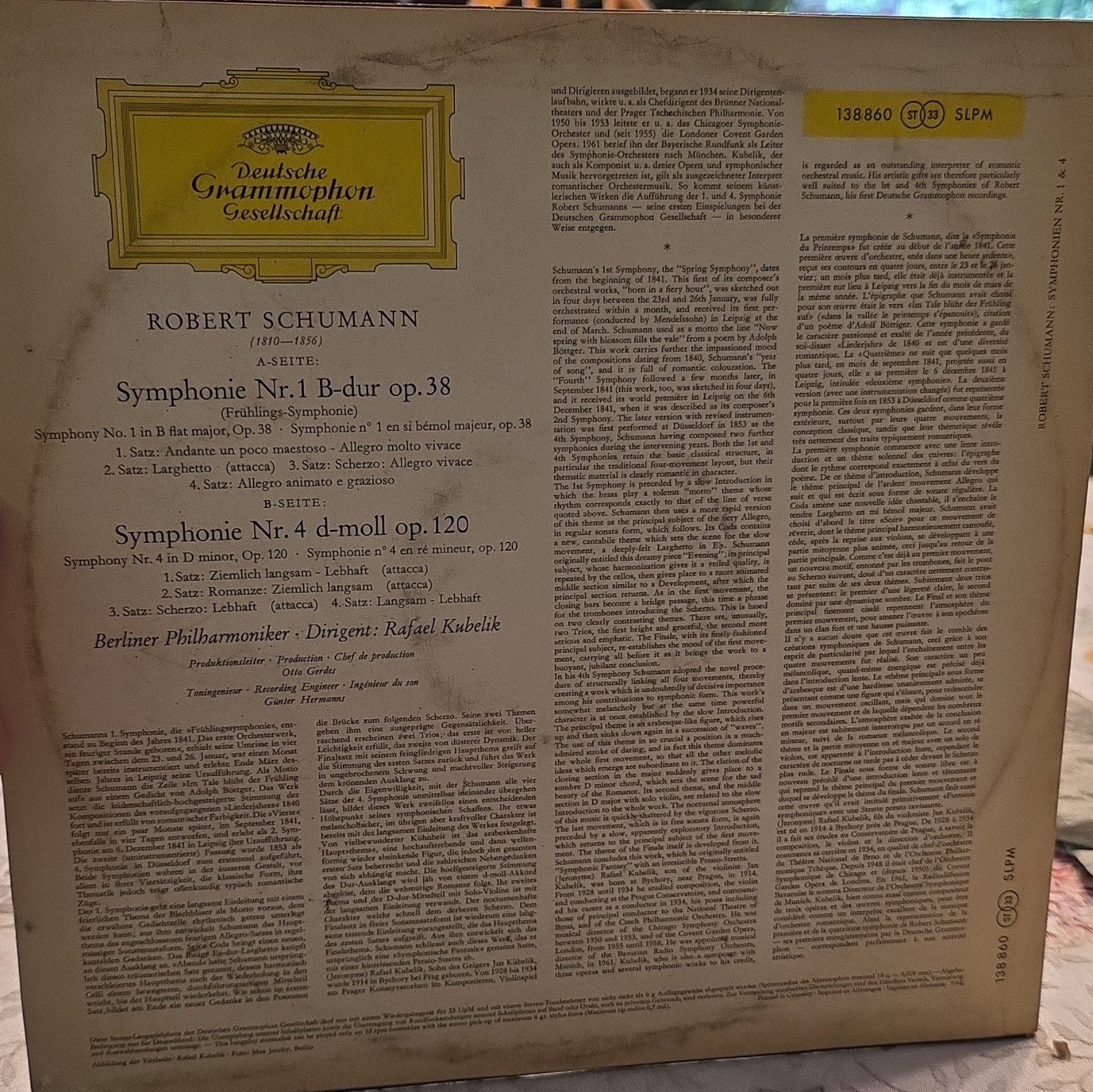 Deutsche Grammophon Schumann Symphonies 1 & 4 Kubelik Berlin Stereo 138 860