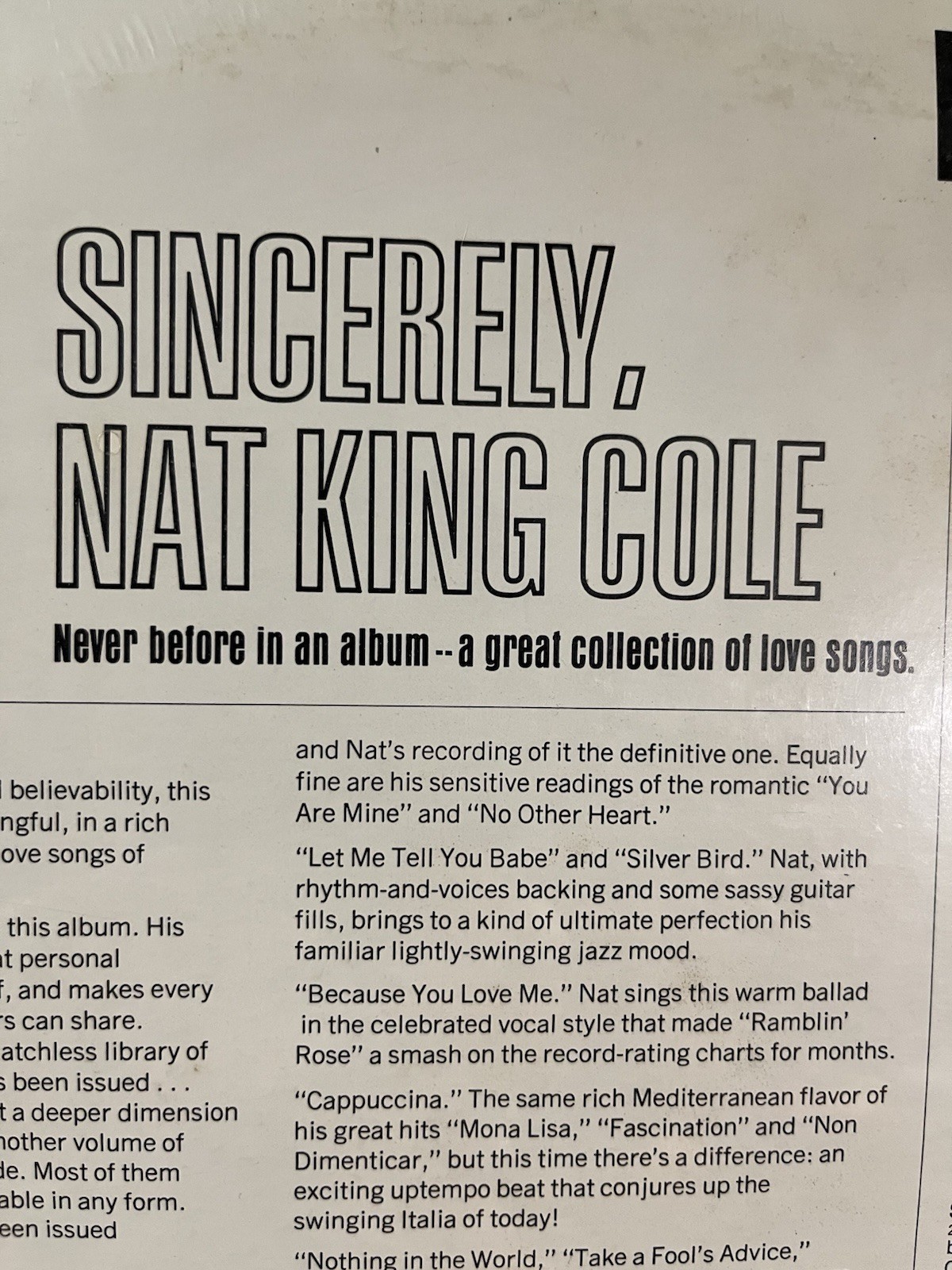 Nat King Cole Sincerely 12″ Vinyl LP Capital Records T-2680 – SEALED
