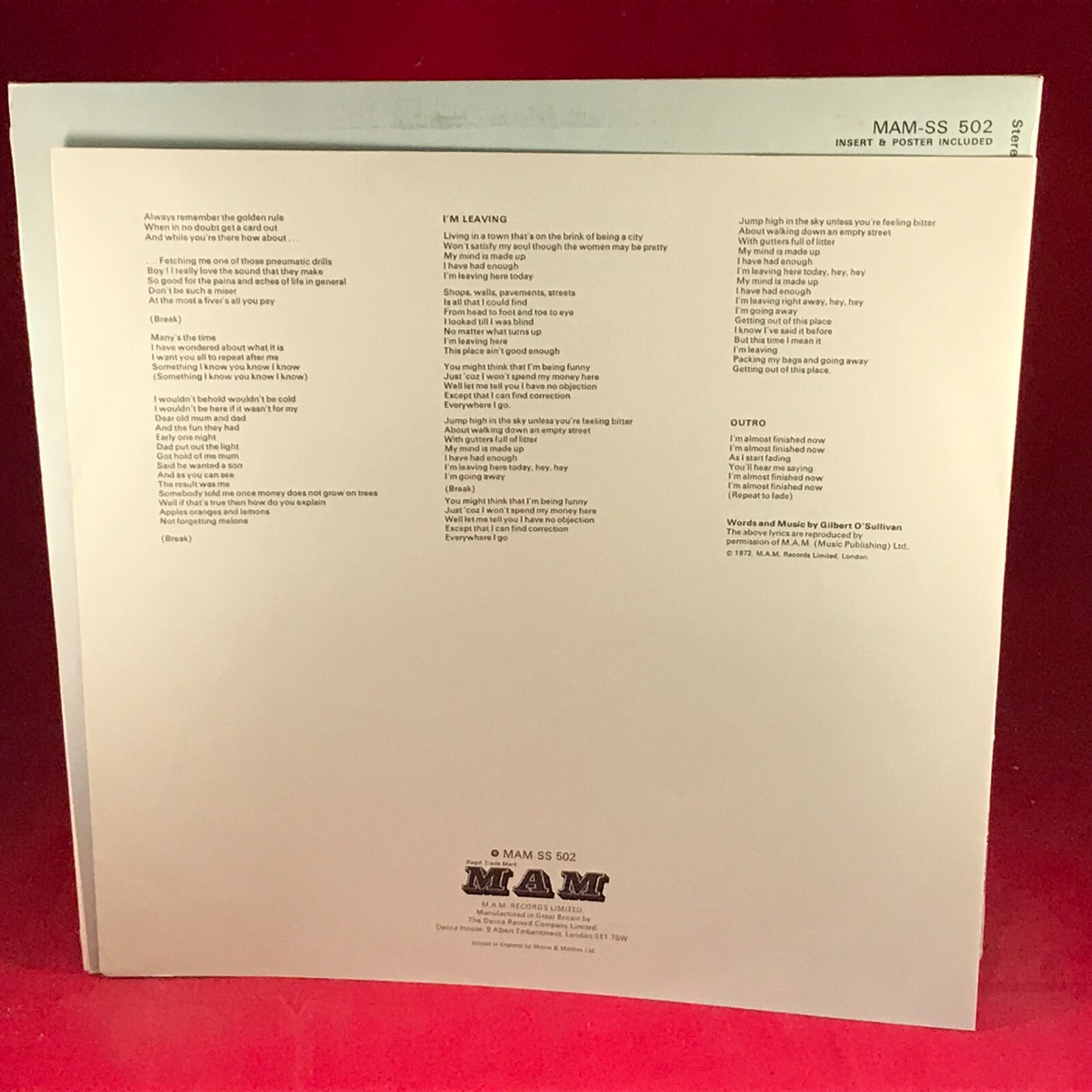 GILBERT O’SULLIVAN Back To Front 1972 UK vinyl + Insert poster Clair original C