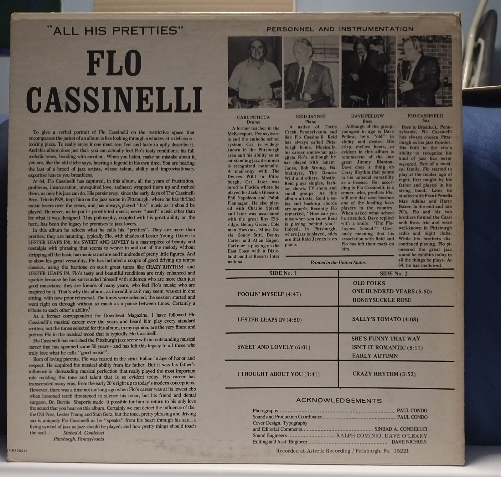 FLO CASSINELLI Plays All His Pretties SCARCE 1979 PRIVATE PRESS LP Cool Jazz/Bop