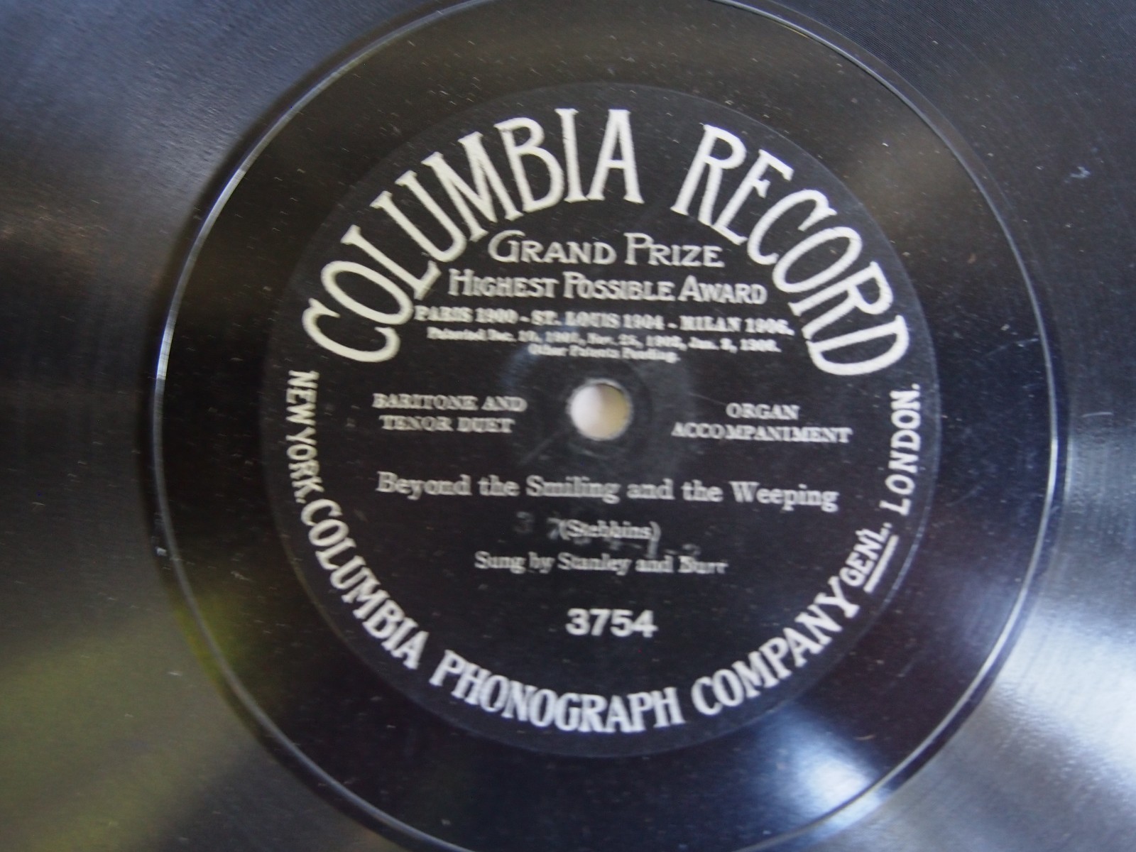 Early Columbia Record Grand Prize-No.3754-Stanley & Burr-One Sided 78 RPM 1907