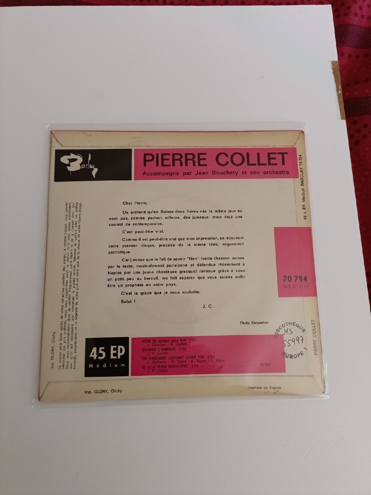 EUROVISION SWITZERLAND 1965 PIERRE COLLET EP 7″