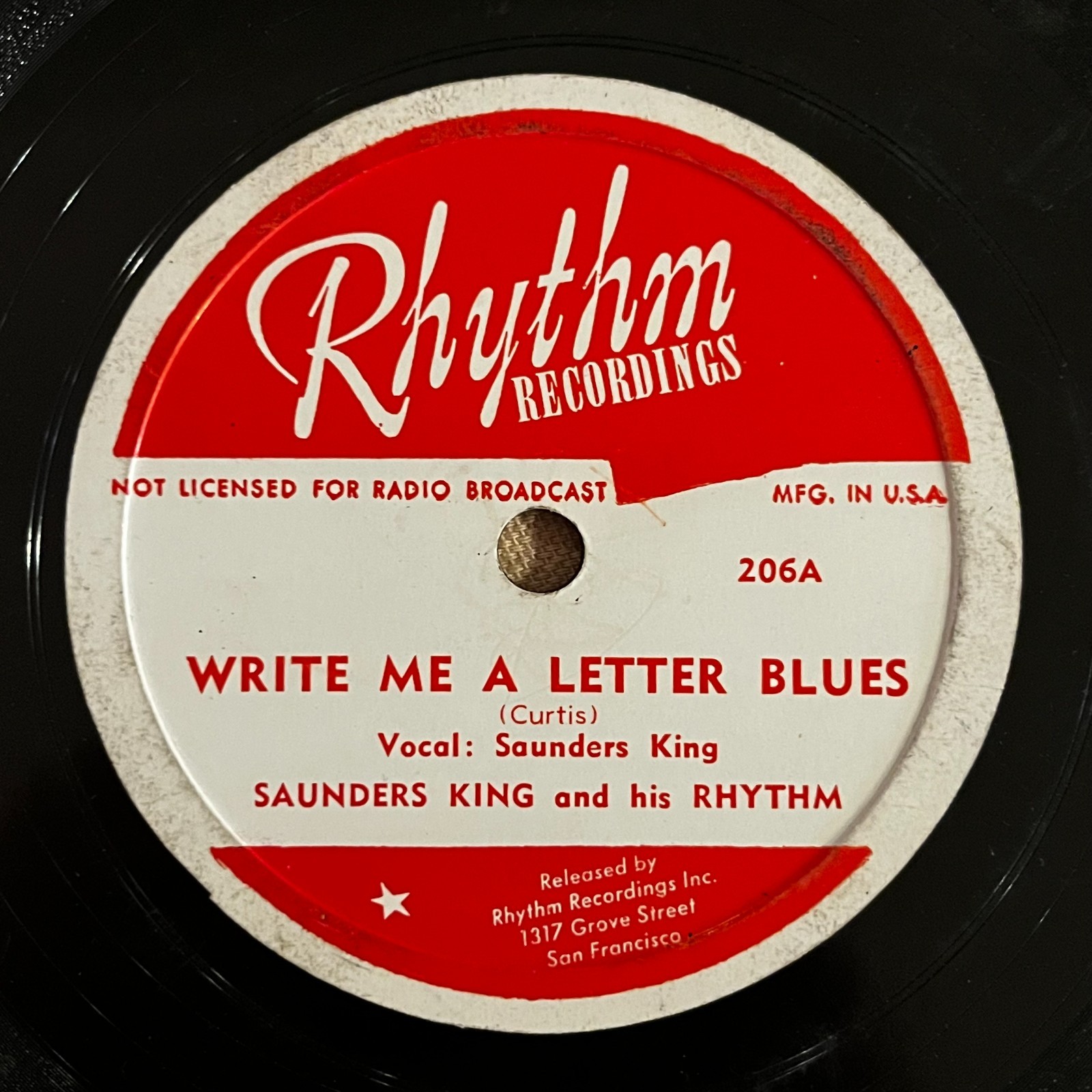 Saunders King 78 Write Me A Letter / Swingin RHYTHM 206 R&B blues