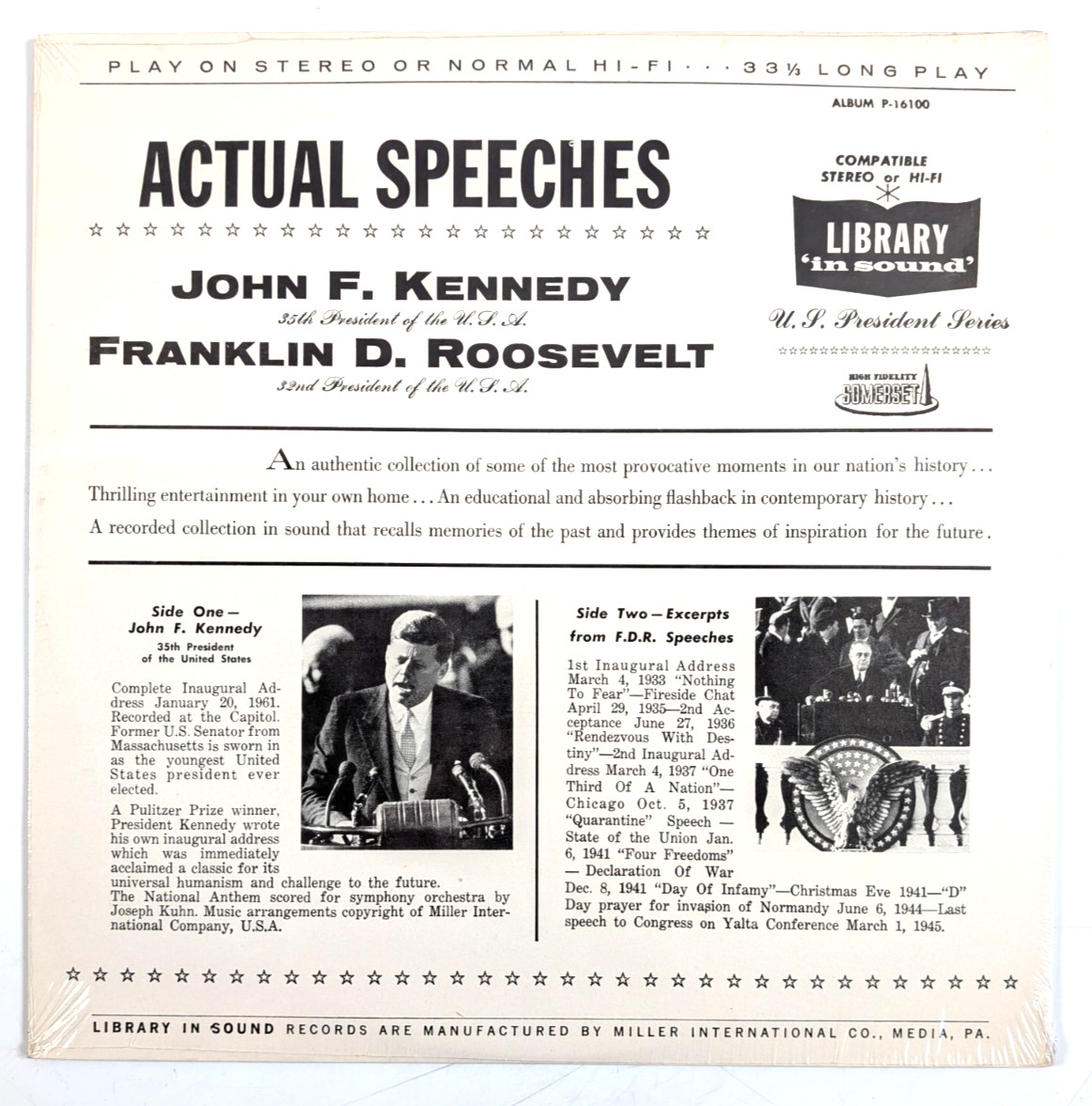 FDR Roosevelt JFK Kennedy Actual Speeches Presidents Vinyl LP Record