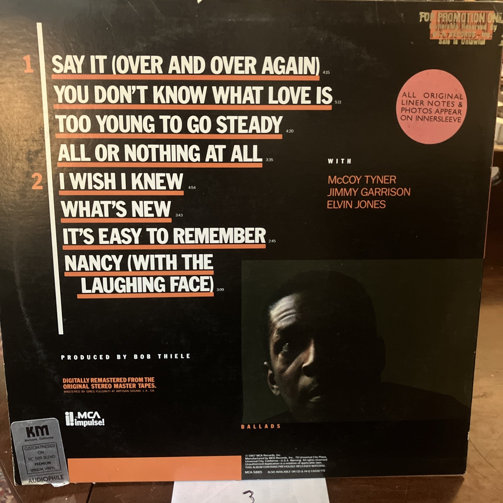 JOHN COLTRANE BALLADS Audiophile Impulse MCA 5885 LP Stamped PROMO 3