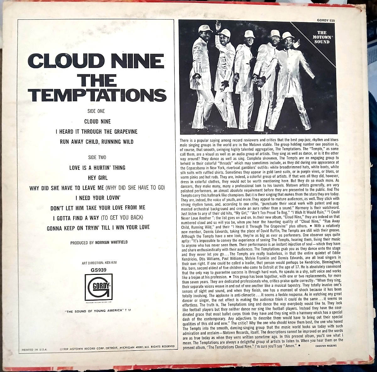 CLOUD NINE, TEMPTATIONS, Original 1969 USA Gordy release GS939, MINT. MOTOWN.
