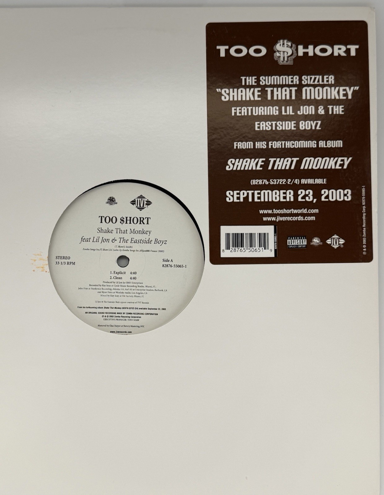 Too Short Ft. Lil’ Jon – Shake That Monkey 12″ Vinyl Single (2003, Jive)