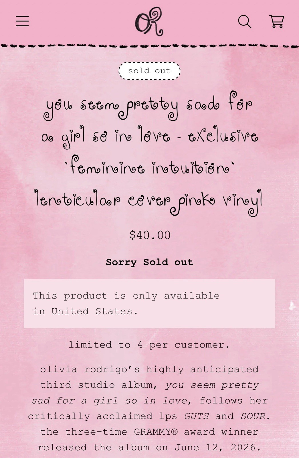 Olivia Rodrigo – You Seem Pretty Sad 12” LP “Feminine Intuition” Pink Marble