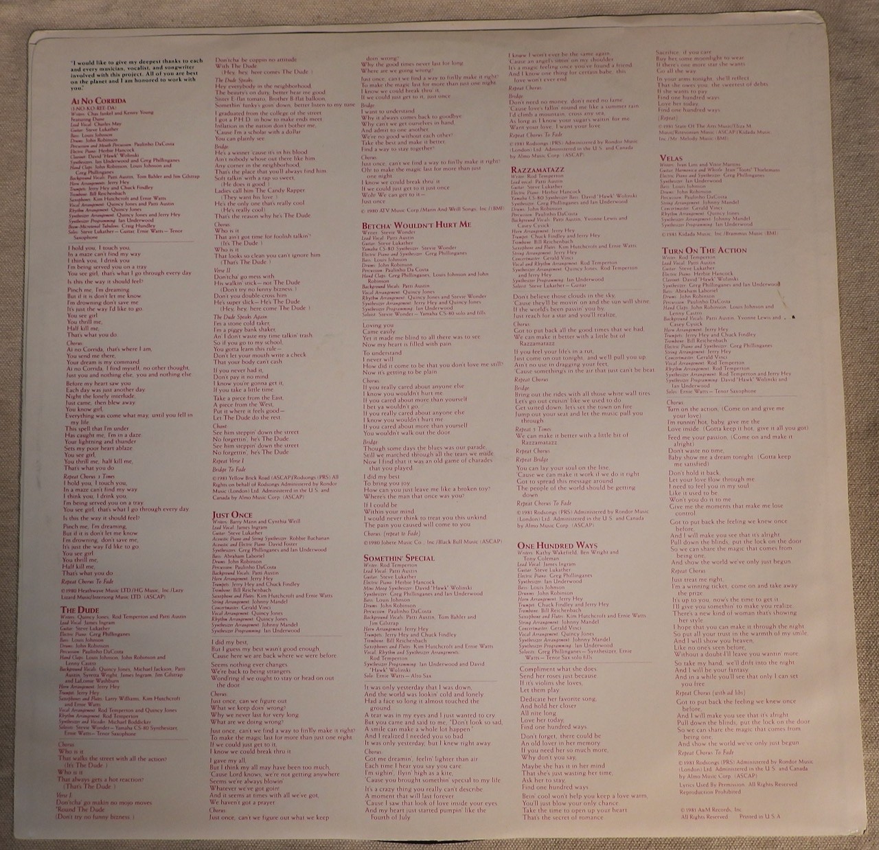 Quincy Jones ‎– The Dude LP 1981 US x-Pitman Pressing VG