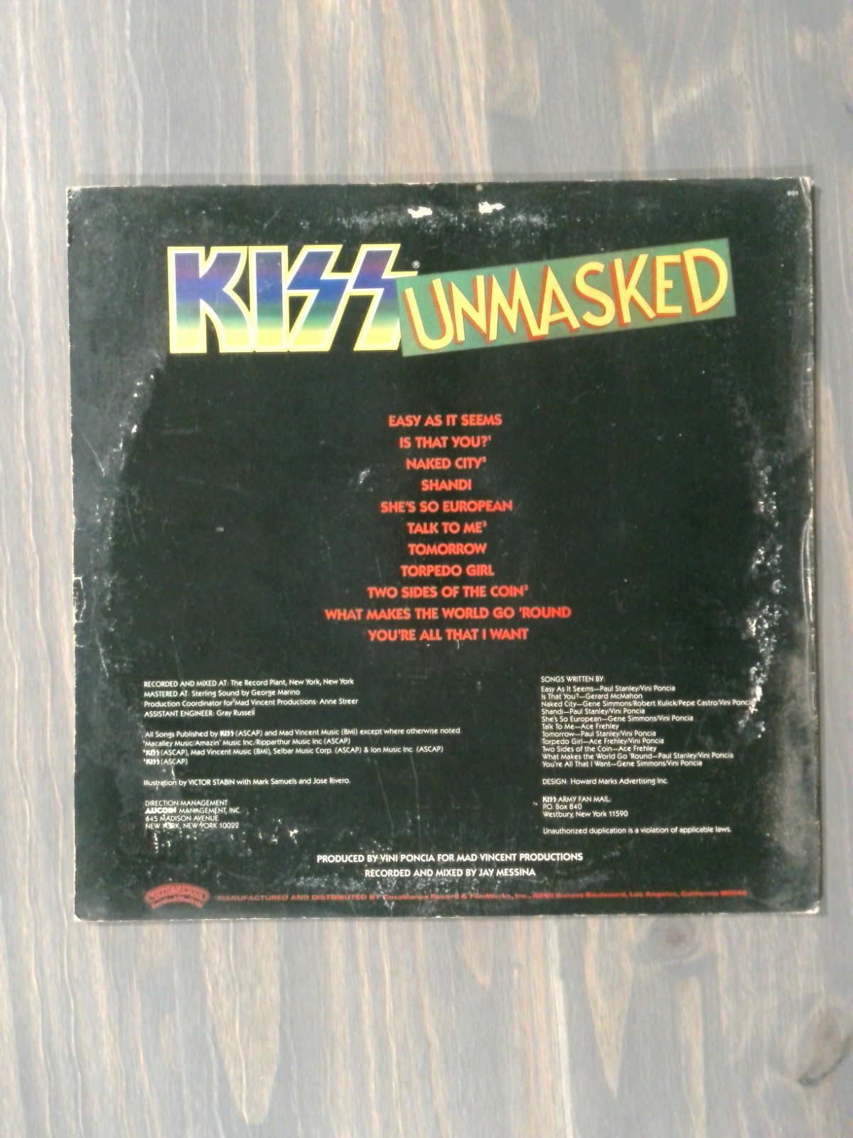 KISS Unmasked Vinyl LP 1980 Casablanca NBLP 7225 Original PRC Richmond Pressing