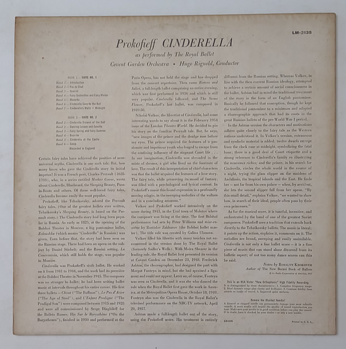 Prokofieff Cinderella The Royal Ballet vinyl record RCA Victor LM-2135 Tested
