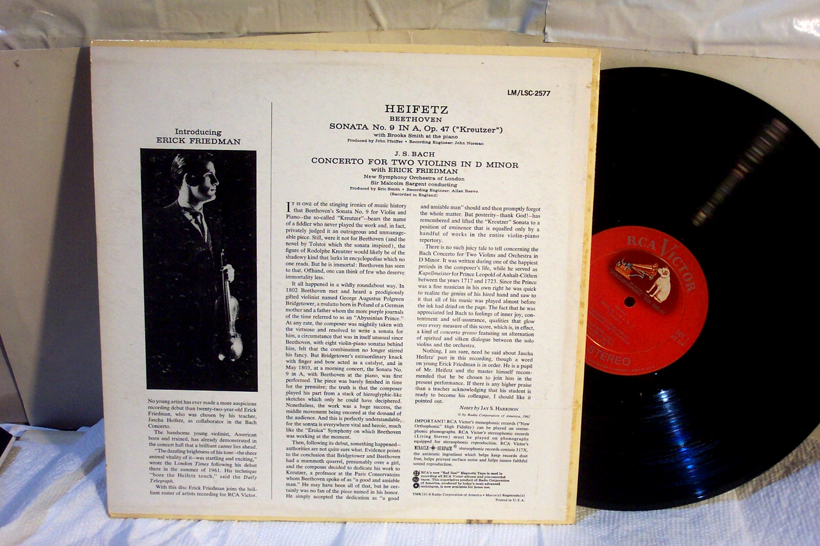 HEIFETZ LP “Beethoven Sonata# 9, Bach Double Violin Concerto” RCA SD 1S/1S EX/NM
