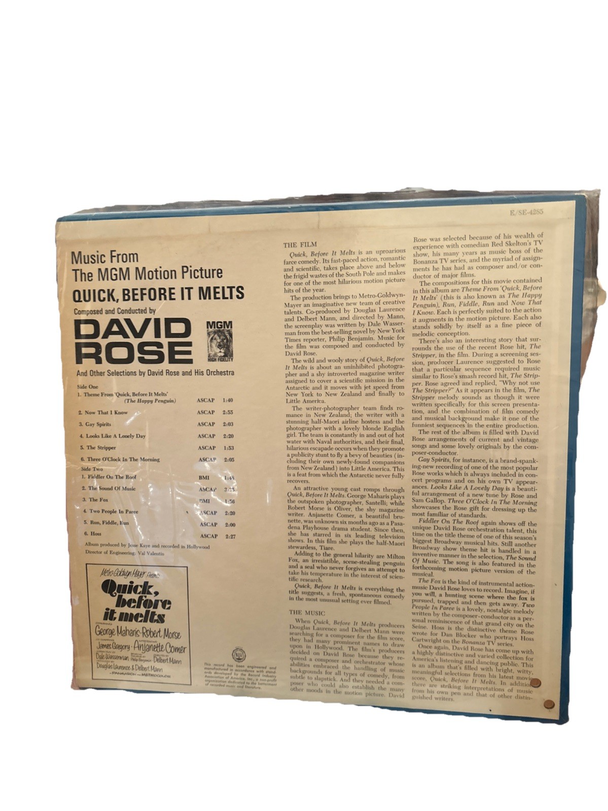 QUICK BFORE IT MELTS MGM SOUNDTRACK LP E-4285 DAVID ROSE