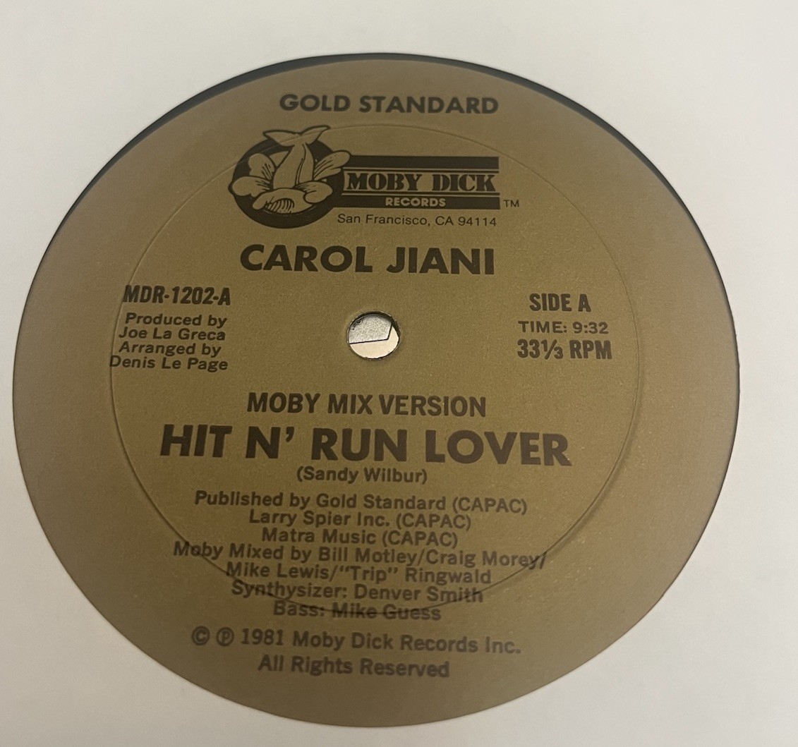 Carol Jiani Hit N’ Run Lover 12″ Vinyl Moby Dick Gold Standard 1981 VG+ Hi NRG