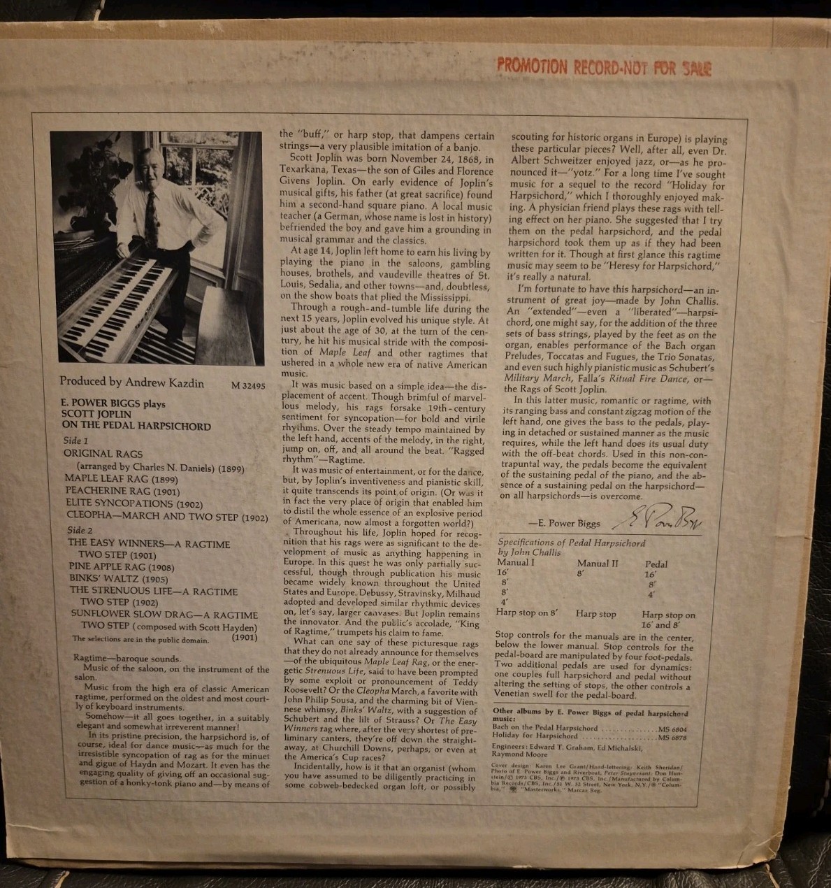 E. Power Biggs Plays Scott Joplin On The Pedal Harpsichord M-32495 Vinyl 12”