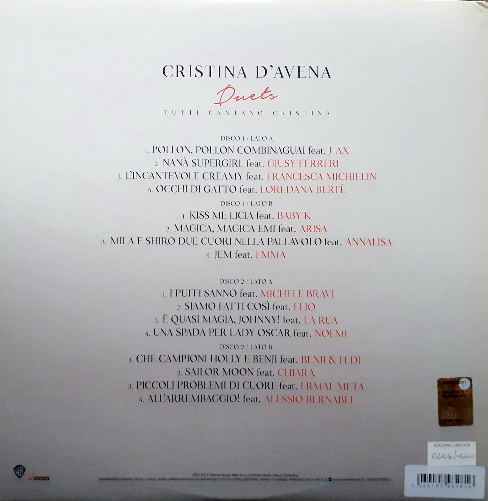 CRISTINA D’AVENA – DUETS, 2 LP VINILE ROSSO, ED. LIM. E AUTOGRAFATA, 0264/1000