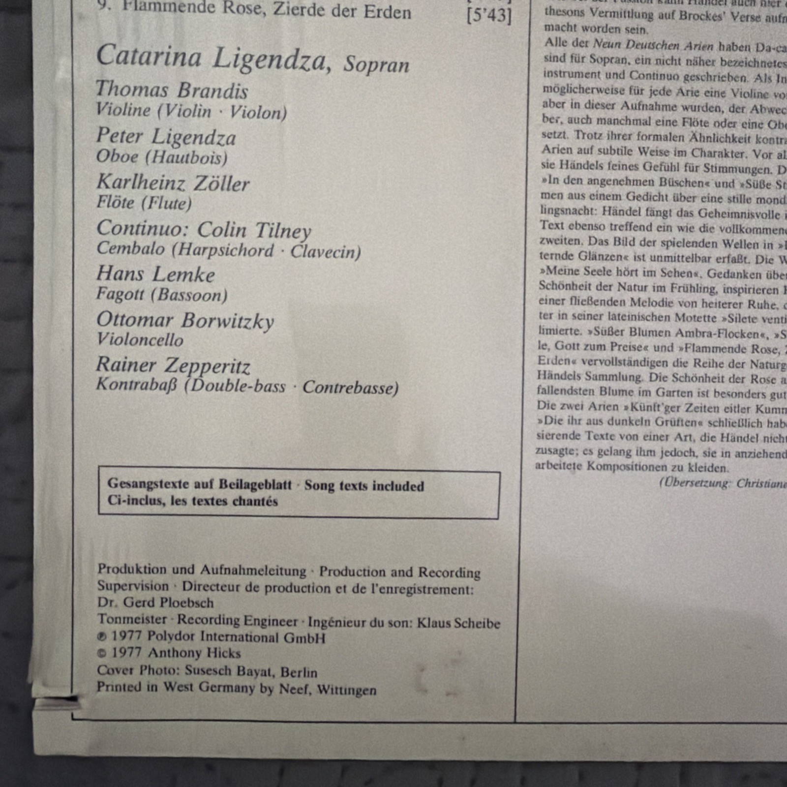 Georg Friedrich Händel Neun Deutsche Arien LP 1977 Deutsche Grammophon 2536 380
