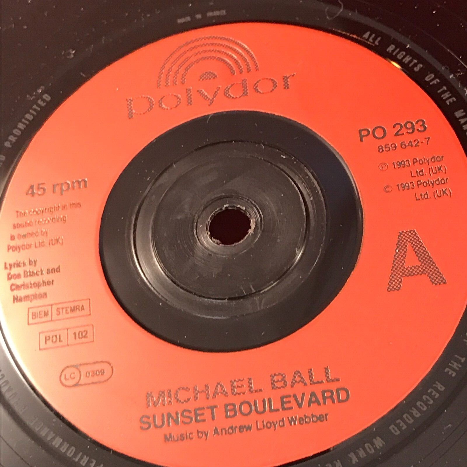 MICHAEL BALL ANDREW LLOYD WEBBER Sunset Boulevard 1993 UK 7″ vinyl single 45