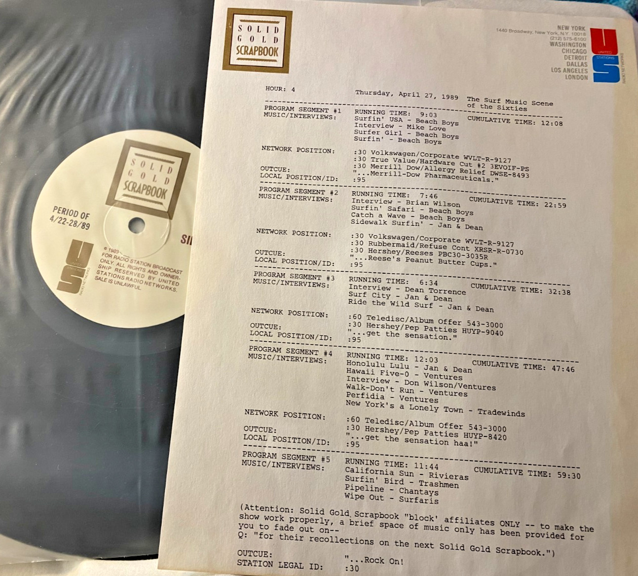 4/27/89 SOLID GOLD SCRAPBOOK PRESENTS 17 SURF MUSIC 60’S HITS & 4 INTERVIEWS