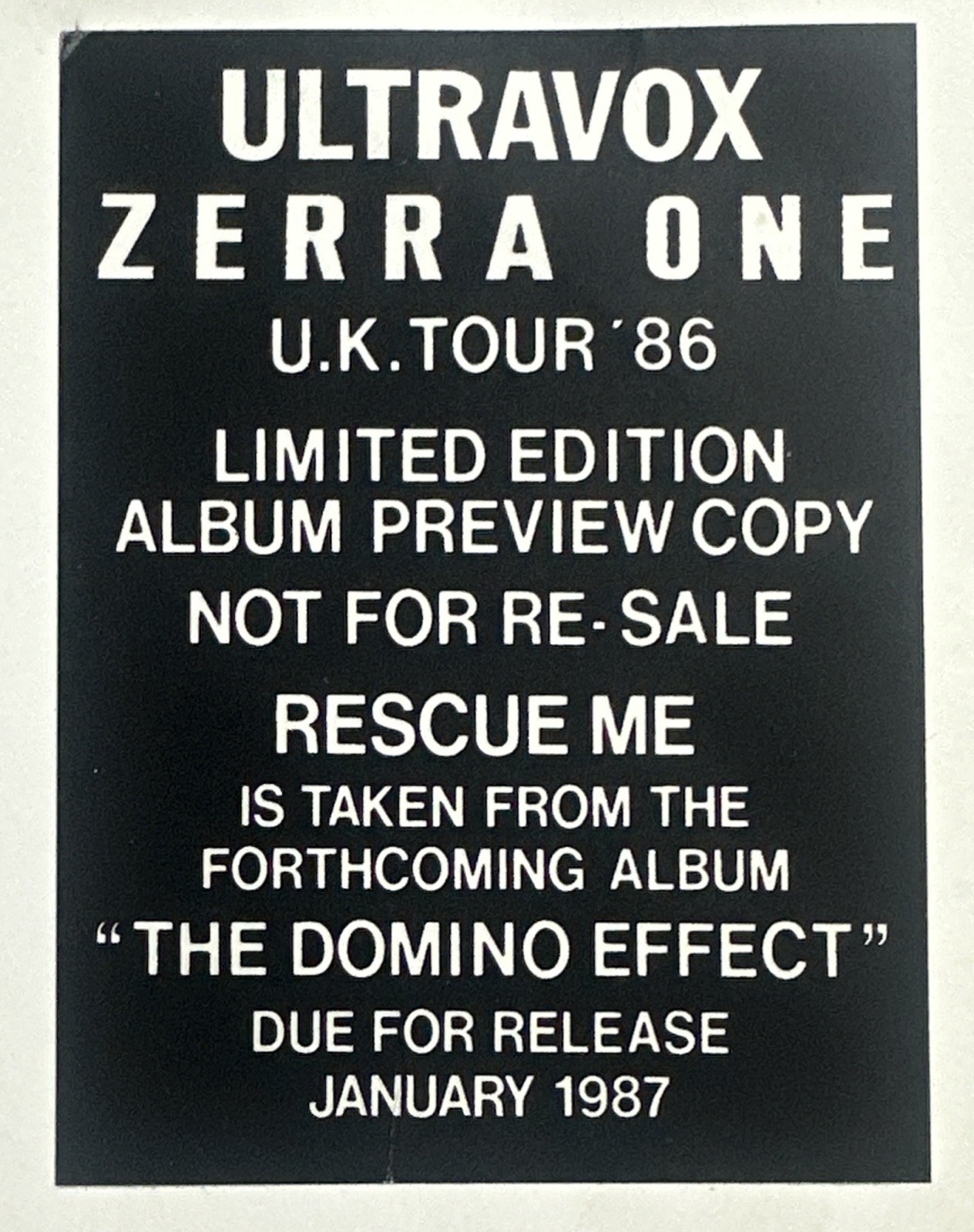 Zerra One ‎– Ultravox Zerra One U.K. Tour ‘86 Limited Edition Album 12″ Vinyl EX