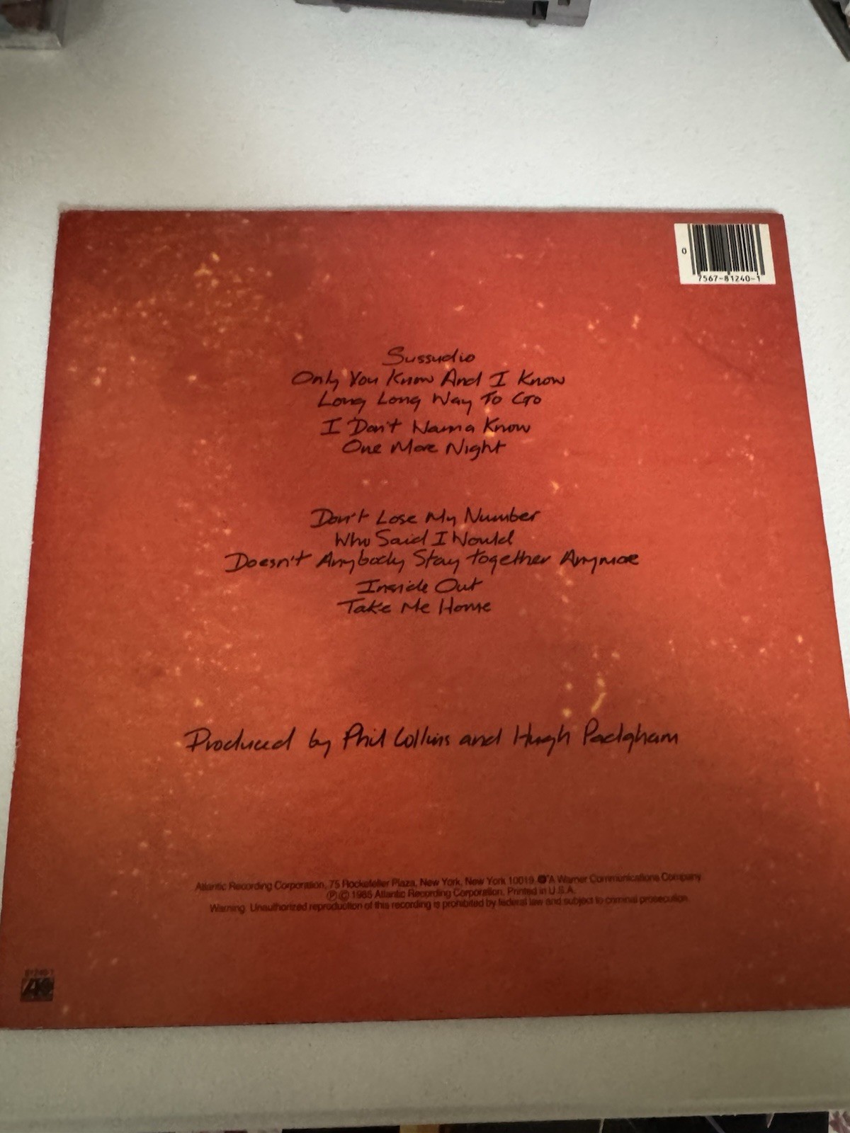 Phil Collins No Jacket Required 1985 Atlantic 12″ Black Vinyl LP Stereo