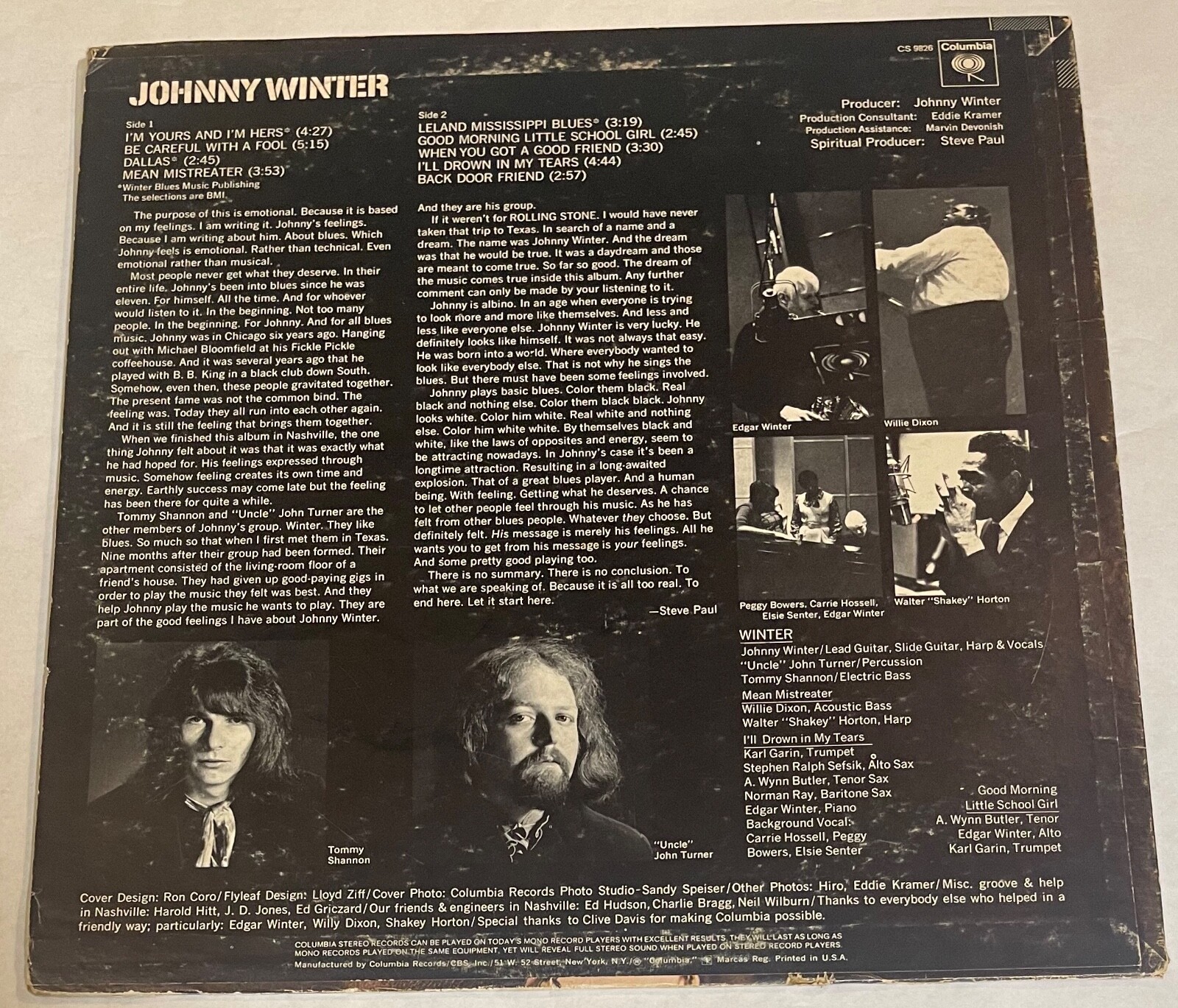 JOHNNY WINTER Self Titled 1969 COLUMBIA CS-9826 LP 2-eye VG++