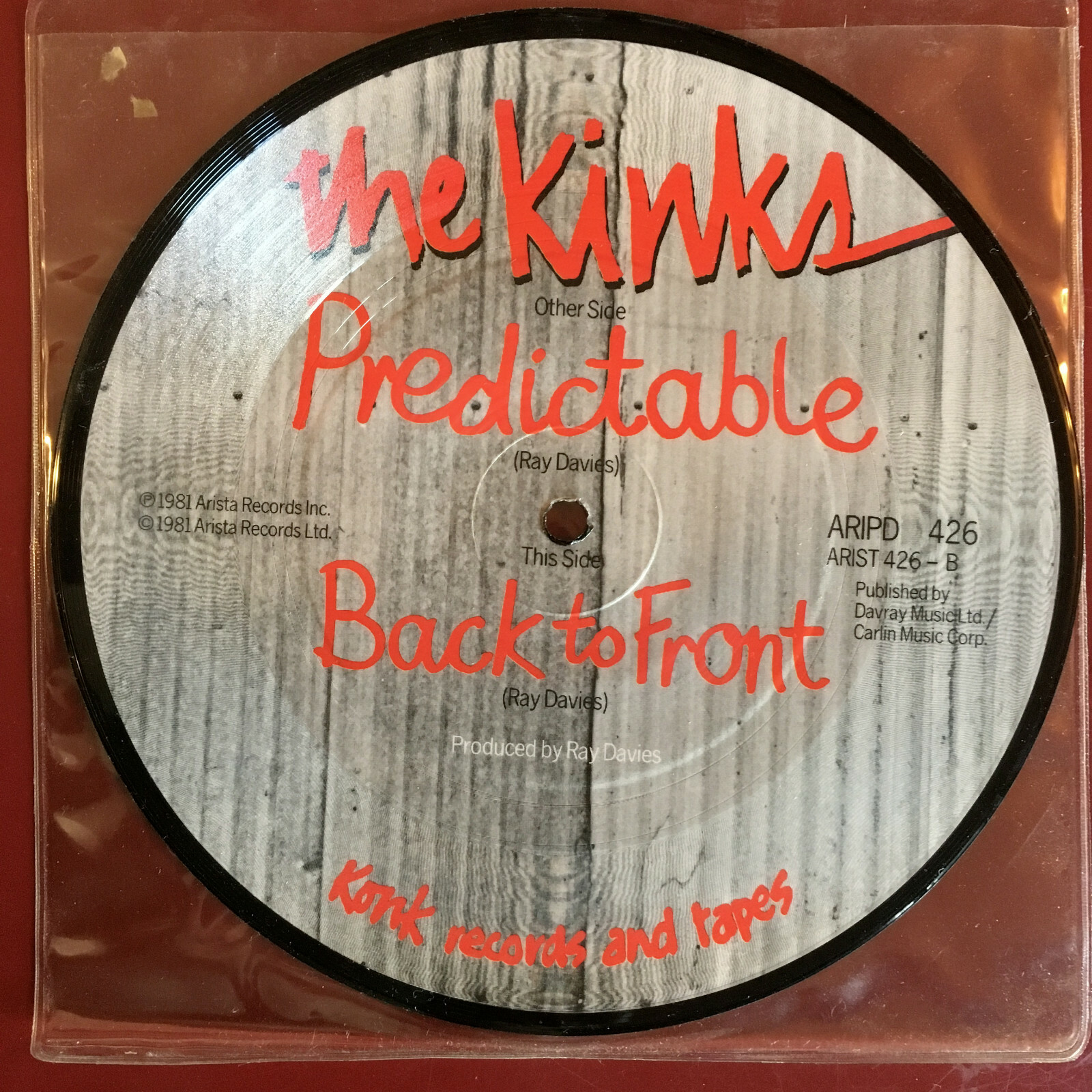 Kinks Predictable b/w Back To Front 7 Inch Picture Record