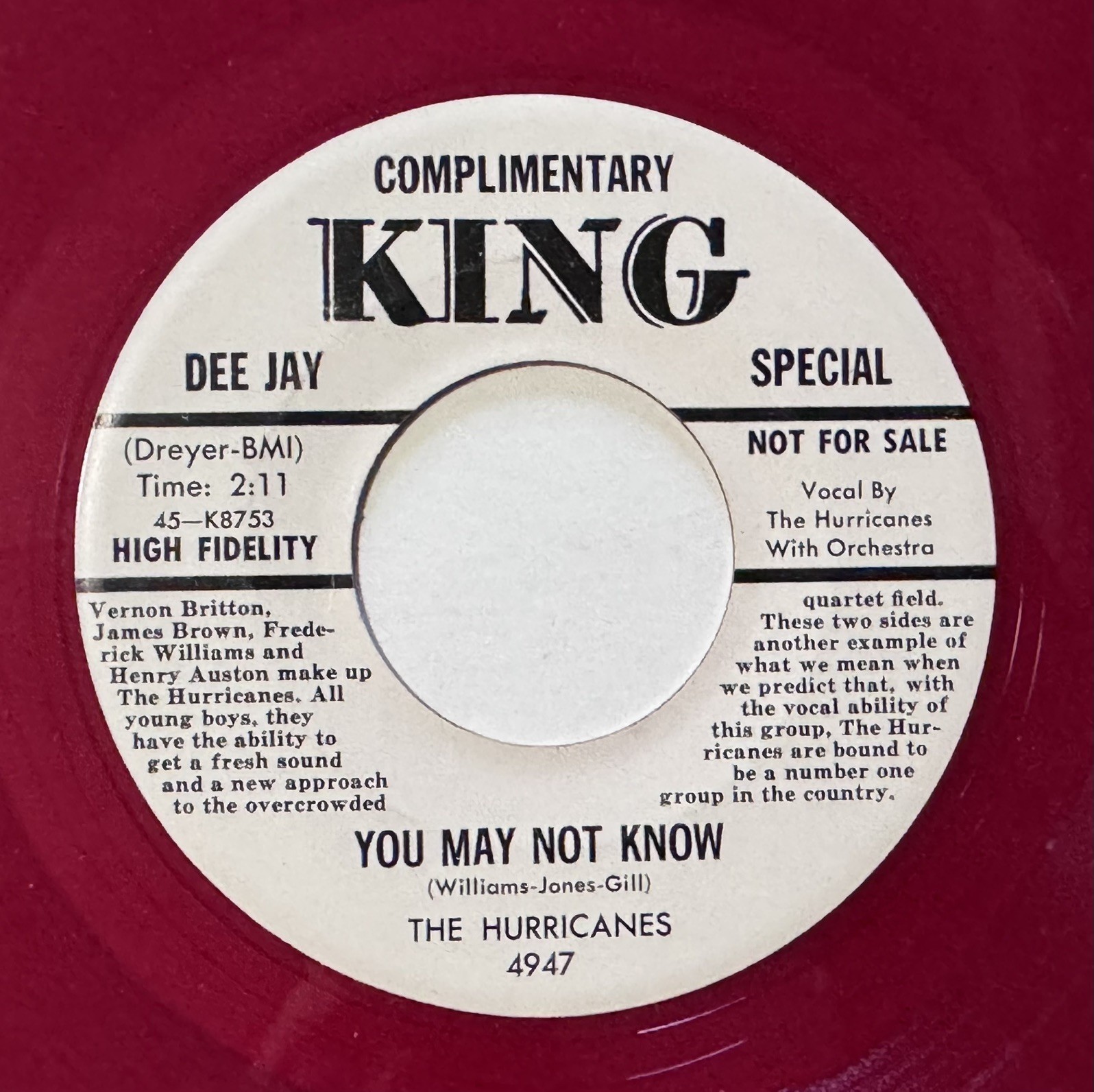 The Hurricanes RED WAX RE 1956 King “You May Not Know”/“Dear Mother” Doo Wop/R&B