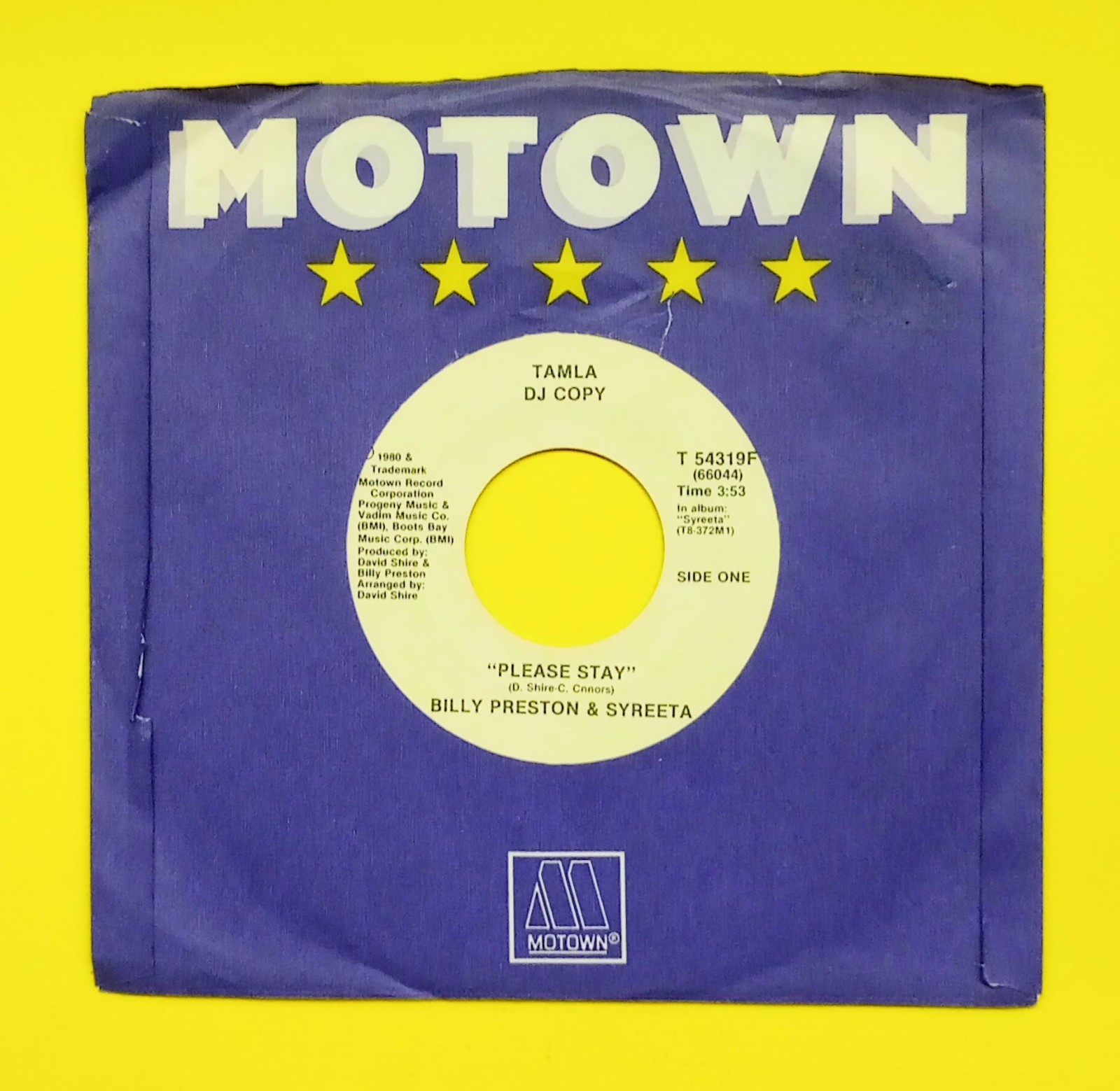 BILLY PRESTON & SYREETA RARE WHITE LABEL PROMO 45 IN MOTOWN SLEEVE PLEASE STAY