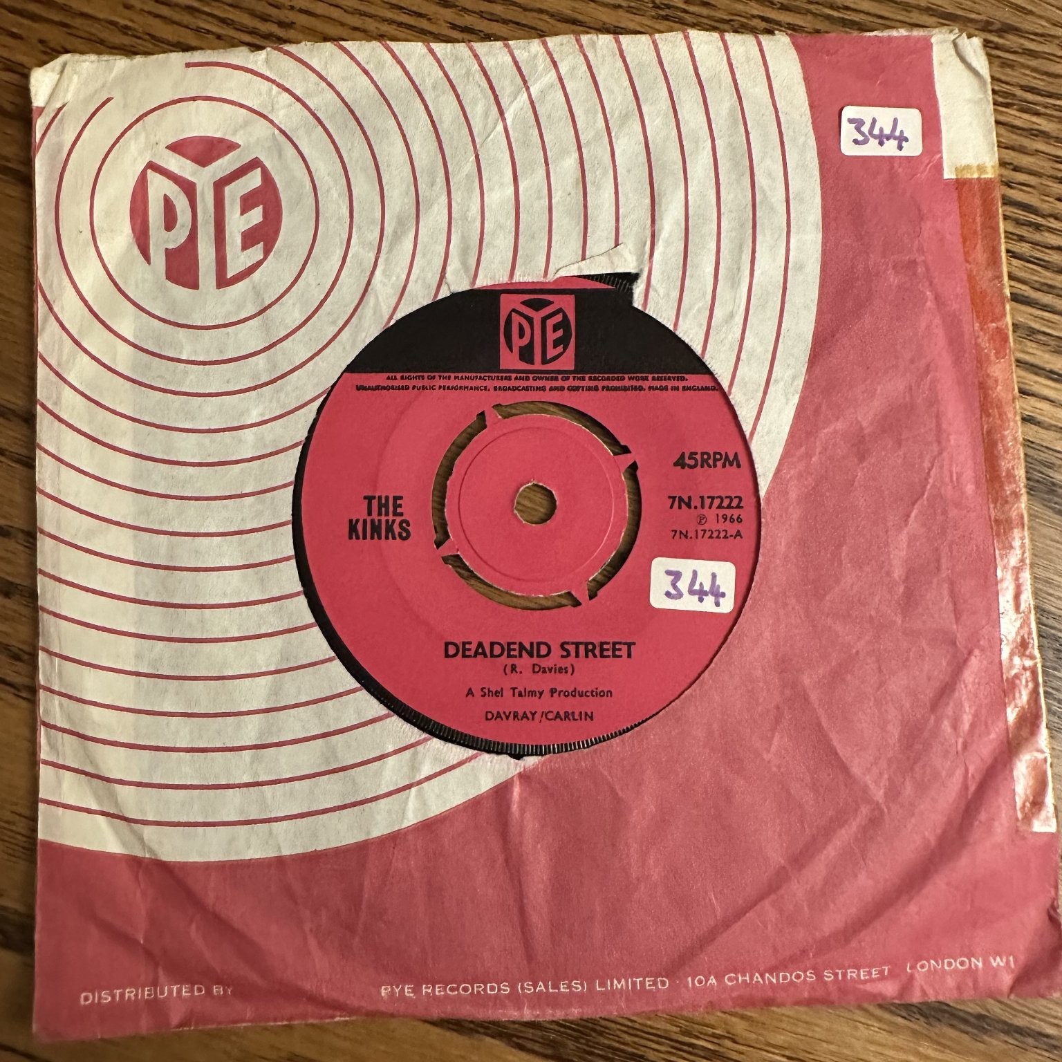 The Kinks – Dead End Street 7″ Single Record 1966 Pye Records Rock 45 RPM