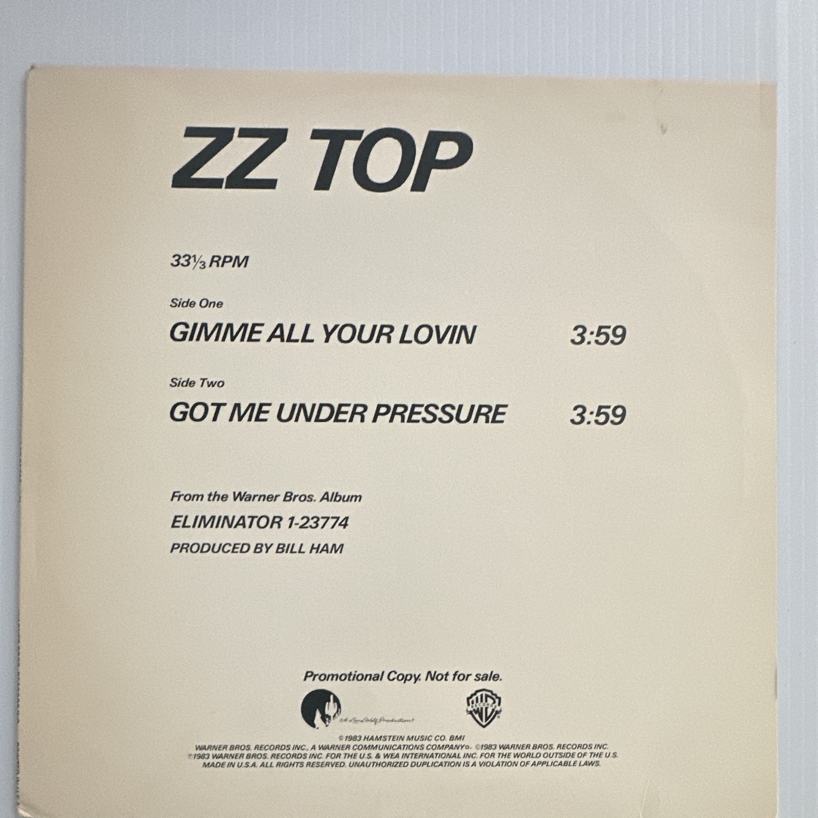 ZZ Top Gimme All Your Lovin/Got Me Under Pressure 12″ 33RPM WB 1983 Promo