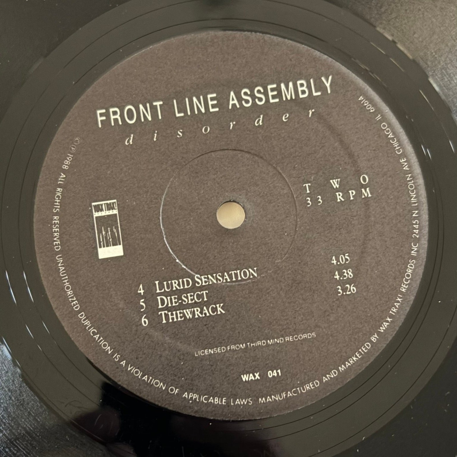 Front Line Assembly – Disorder LP Record 1988 Wax Trax! Industrial EBM 33 RPM