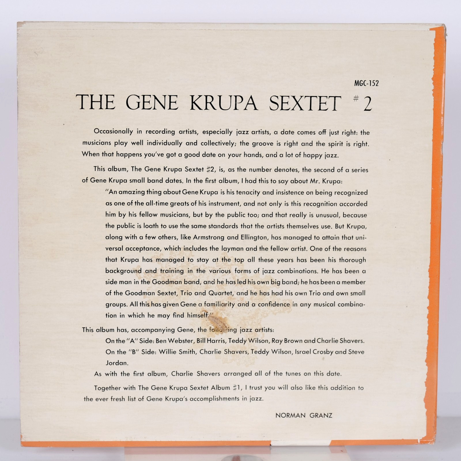 1954 The Gene Krupa Sextet “#2″ Clef Records MGC-152 G+ / VG+ 10” Mono Vinyl LP