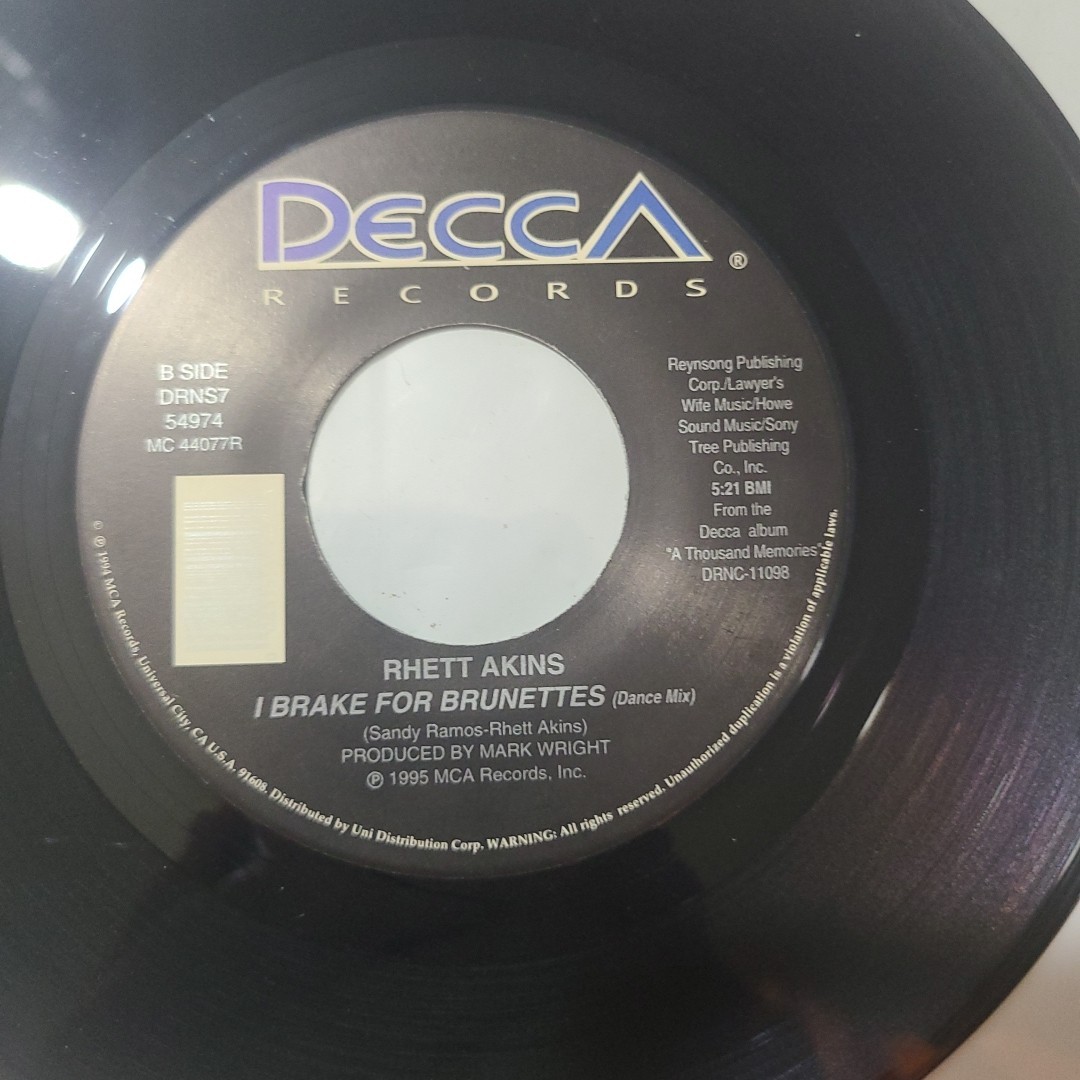 Rhett Akins ~ I Brake For Brunettes/ Same ~ Decca 45 RPM Record W/ Title Strip