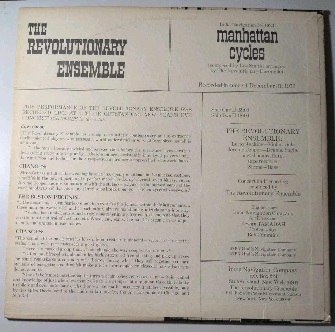 The Revolutionary Ensemble – Manhattan Cycles LP (India Navigation, 1973) Rare
