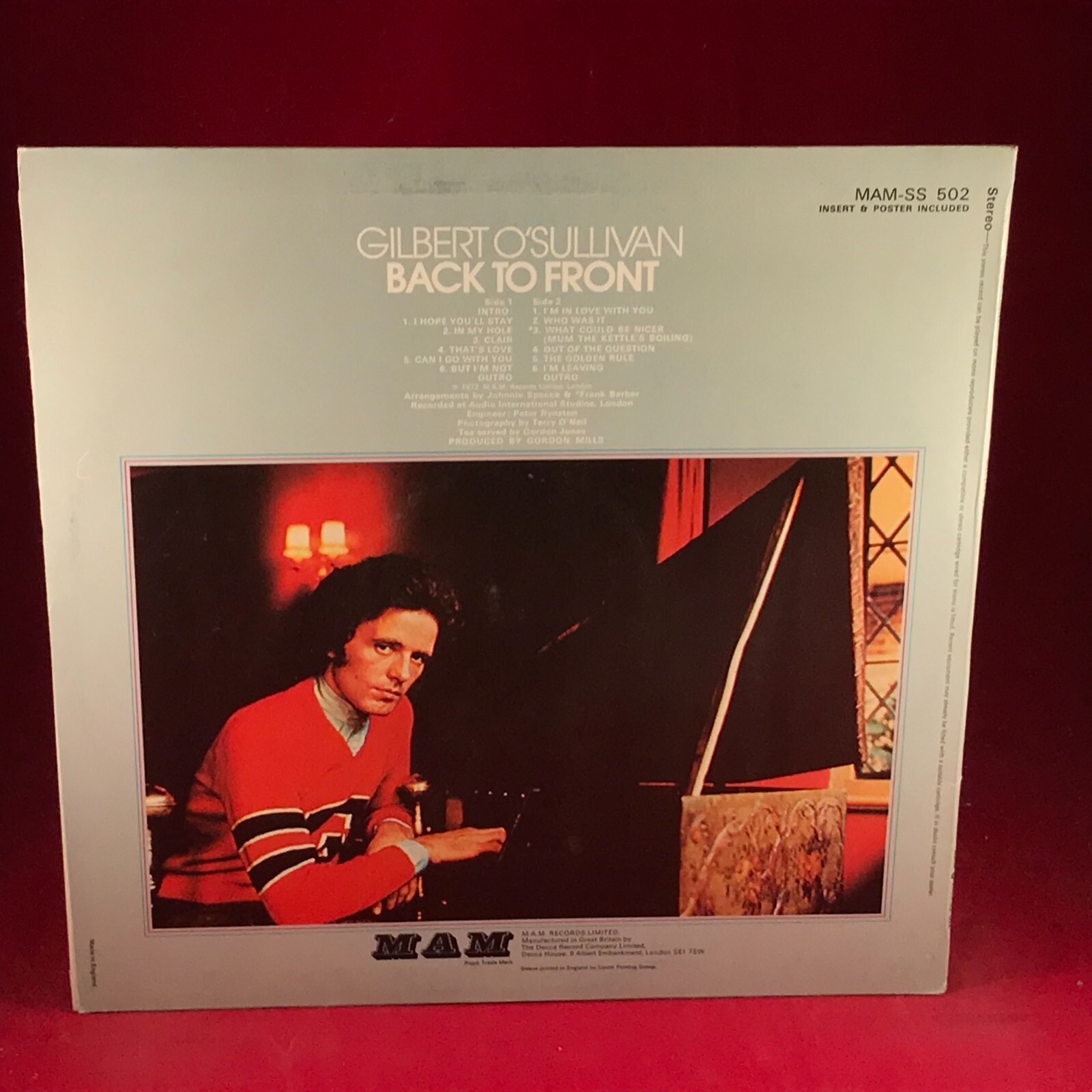 GILBERT O’SULLIVAN Back To Front 1972 UK vinyl + Insert poster Clair original C
