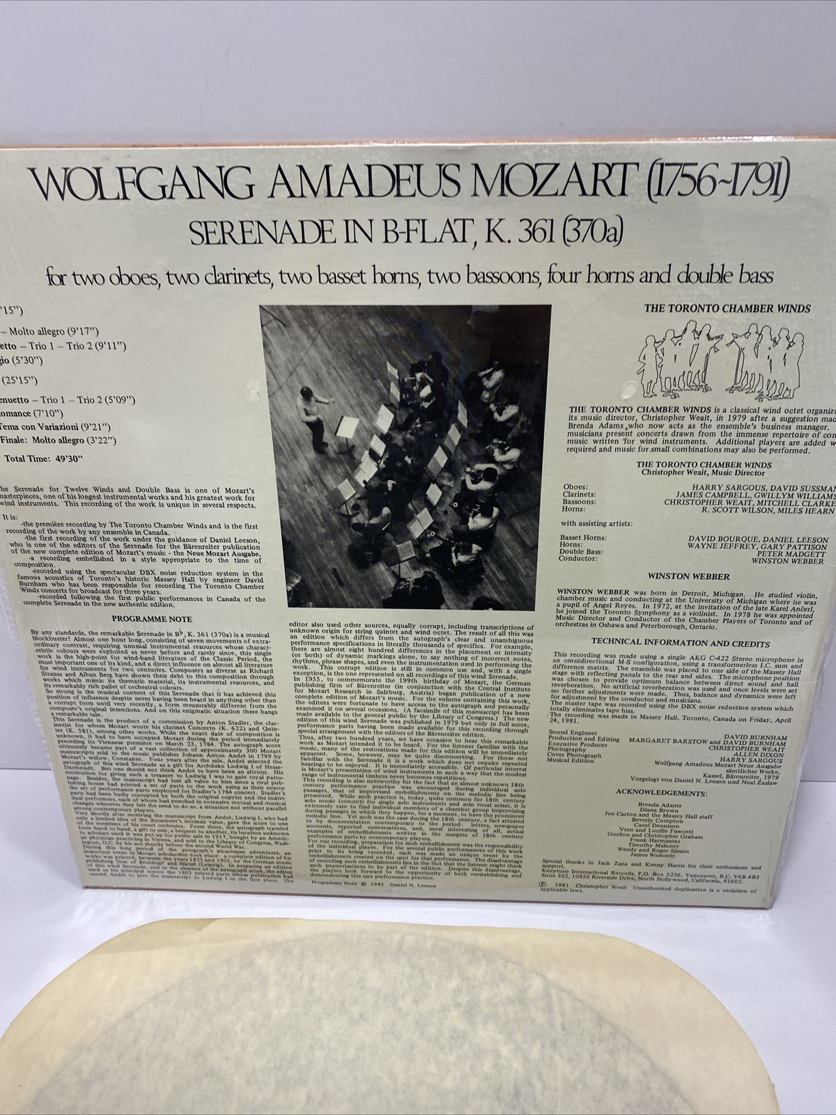 Serenade For Twelve Winds And Double Bass (Vinyl, 1981) KIR1202