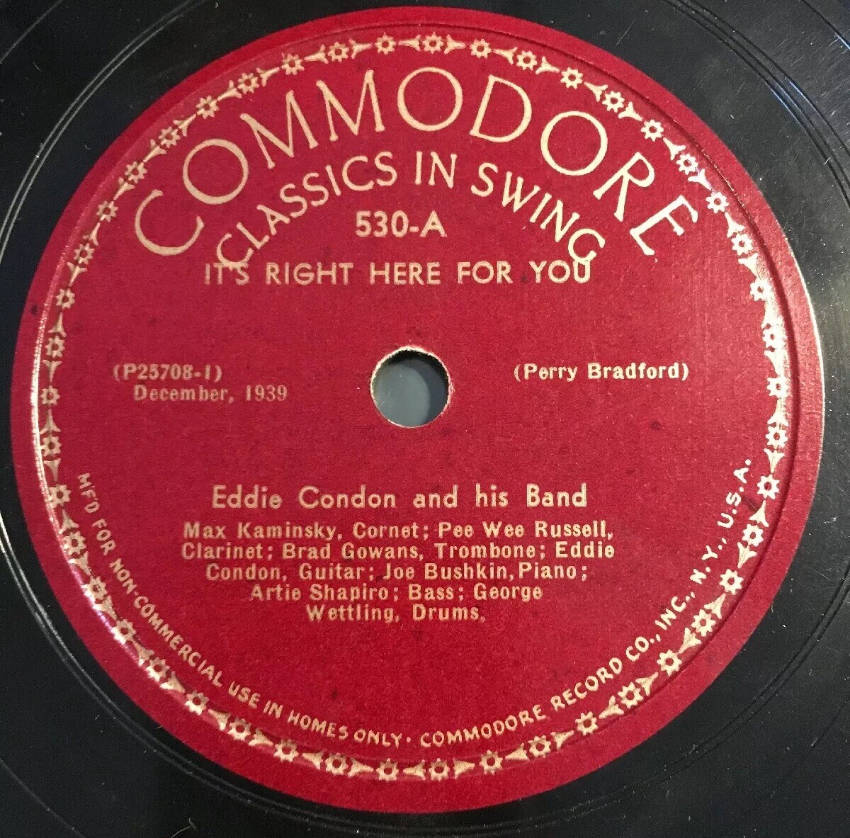 1939 JAZZ Edie Condon Band 78 rpm COMMODORE 530 IT’S RIGHT HERE FOR YOU E+