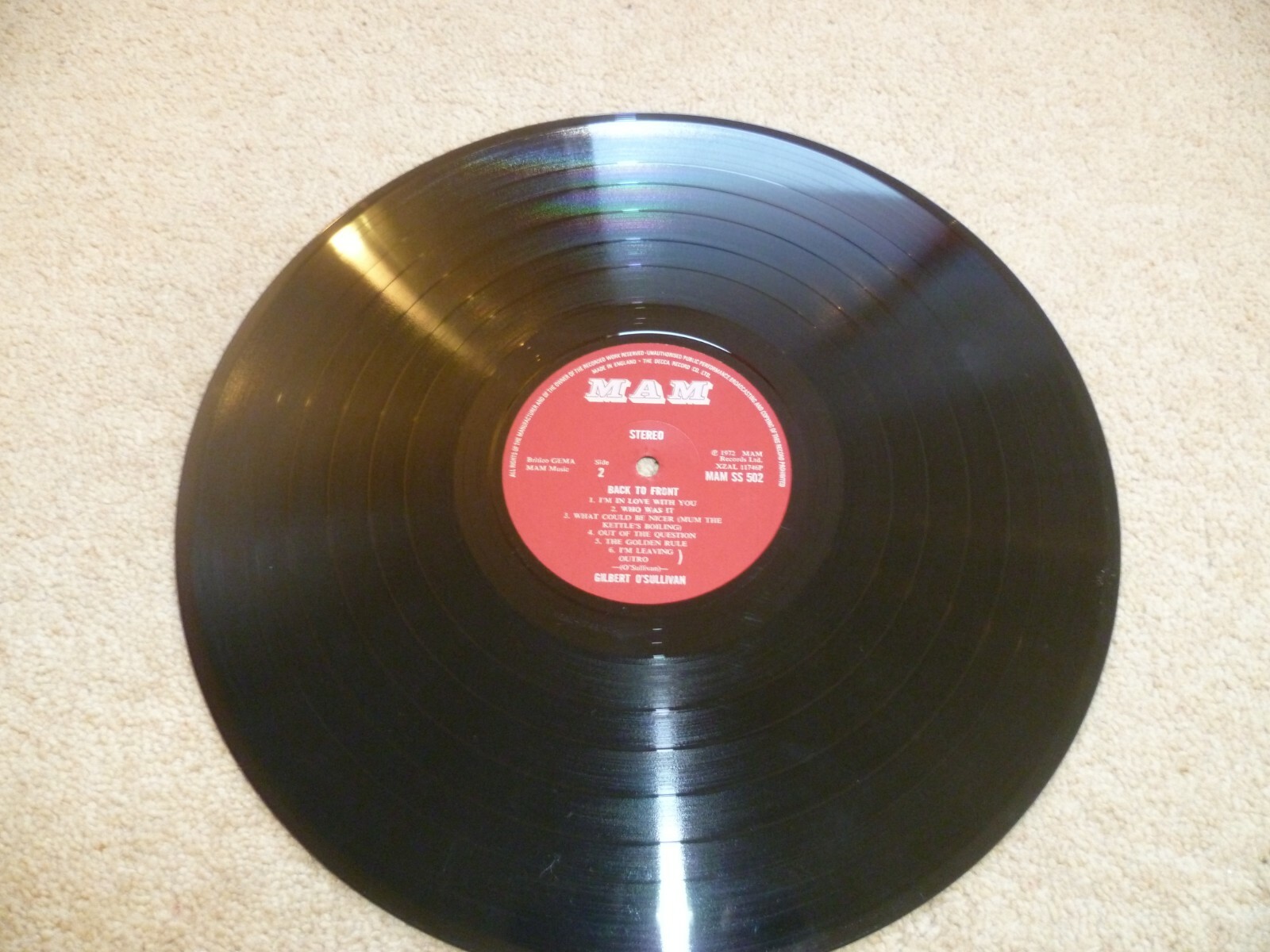 GILBERT O’SULLIVAN BACK TO FRONT VINYL LP + INSERT MAM-SS 502 VG+