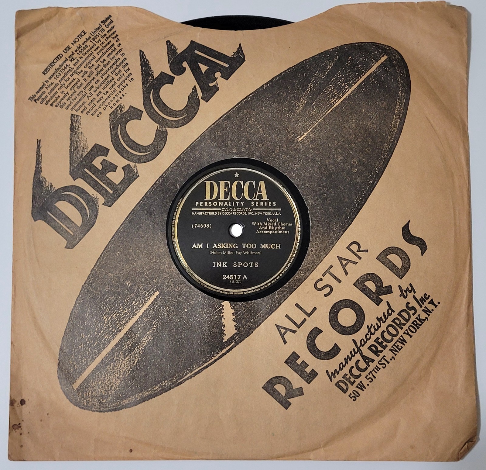 Ink Spots – Am I Asking Too Much / Recess In Heaven 78 RPM Decca V+ 1948 Pop