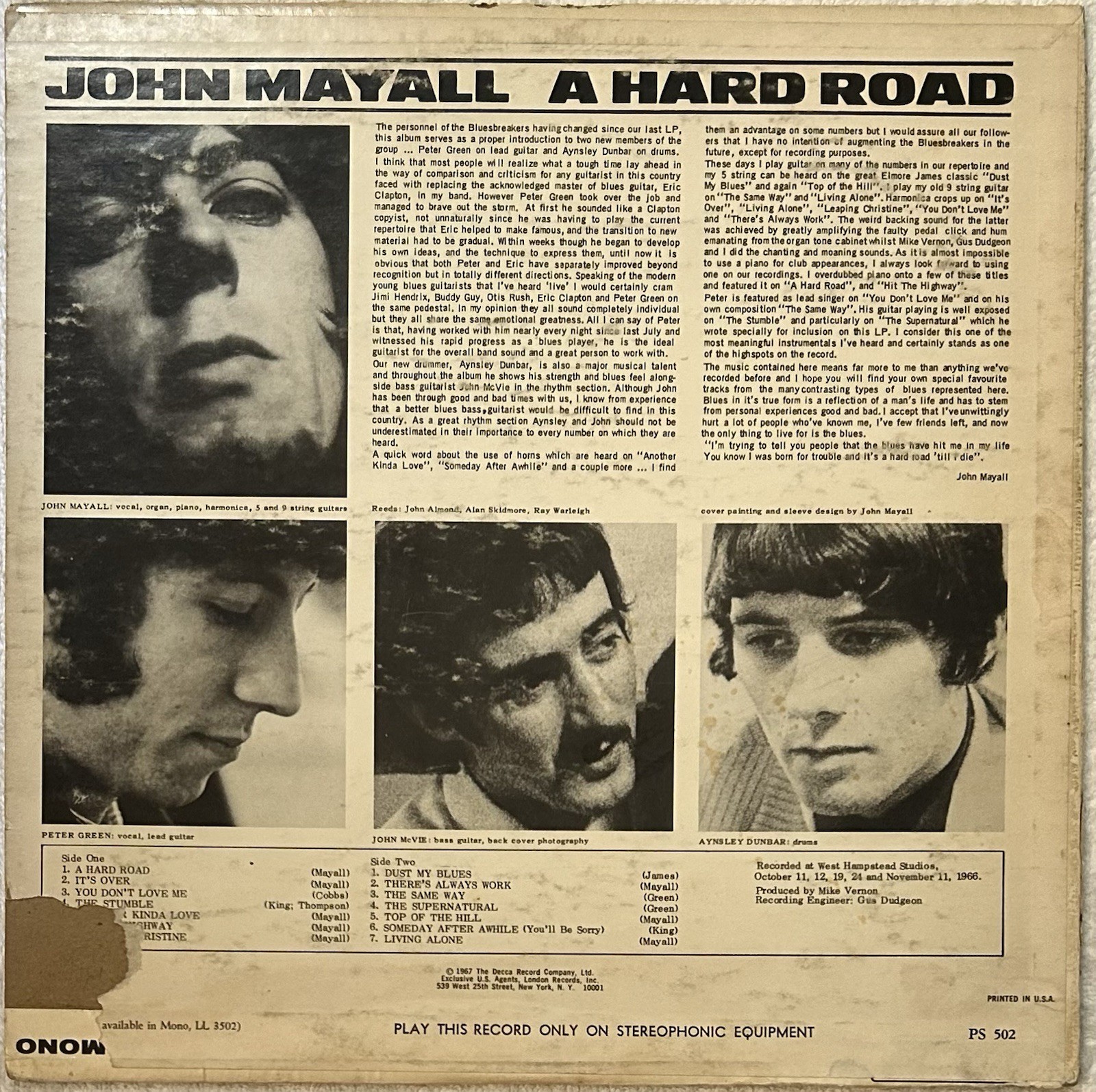 JOHN MAYALL BLUESBREAKERS “A Hard Road” PS-502 1967 COVER IS VG / VINYL IS VG+