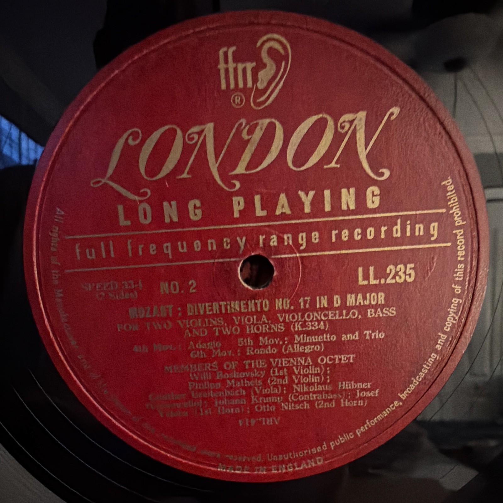 London Mozart Divertimento No. 17 in D Major K.334 LP 12″ Vinyl 33 RPM LL.235